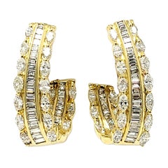  7.15 Carat Total Marquis and Baguette Pave Diamond Half Hoop Gold Earrings