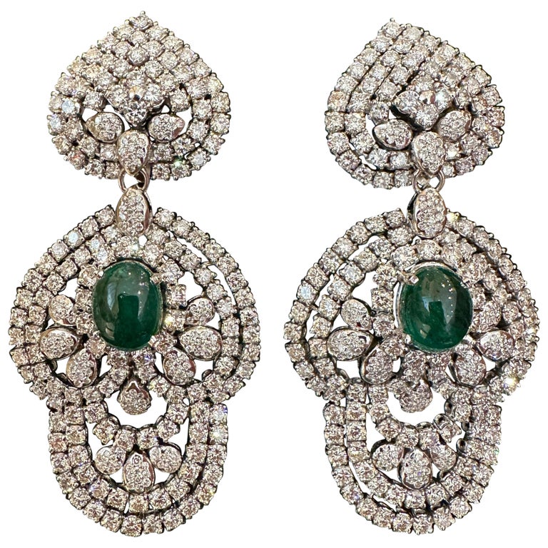 Large Estate Emerald Cabochon and Diamond Chandelier Drop Earrings 18k