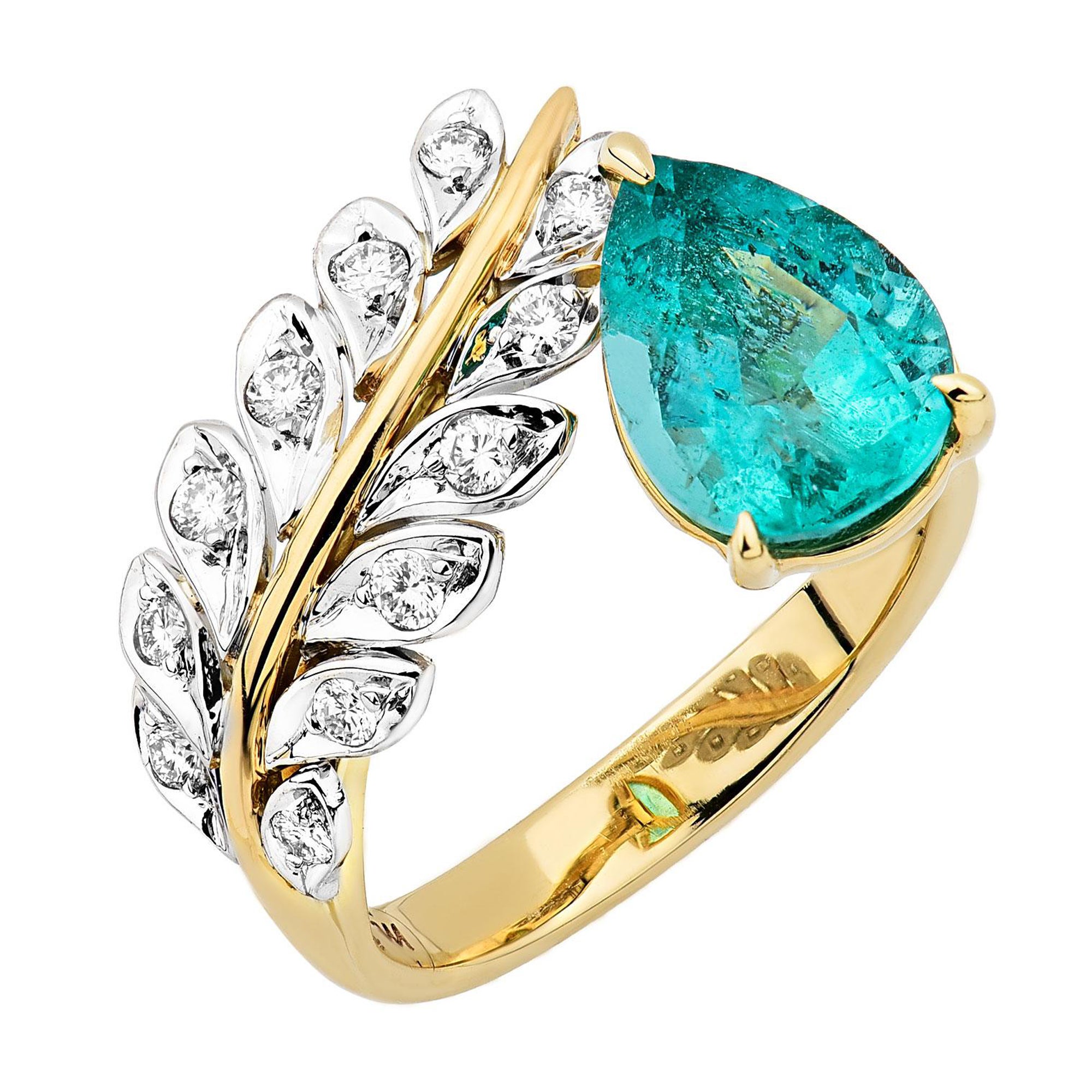 14K Two Tone Gold Pear Shape Emerald Center and Laurel Diamond Ring
