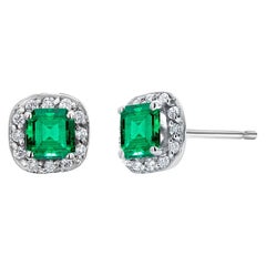 Emerald Shaped Emerald and Diamond White Gold Square Shaped Stud Earrings