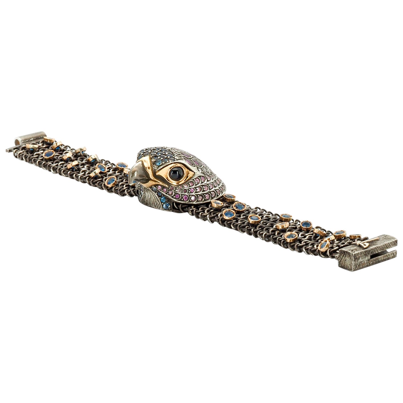 Taru Jewelry Falcon Sapphire Rose Gold and Silver Bracelet For Sale