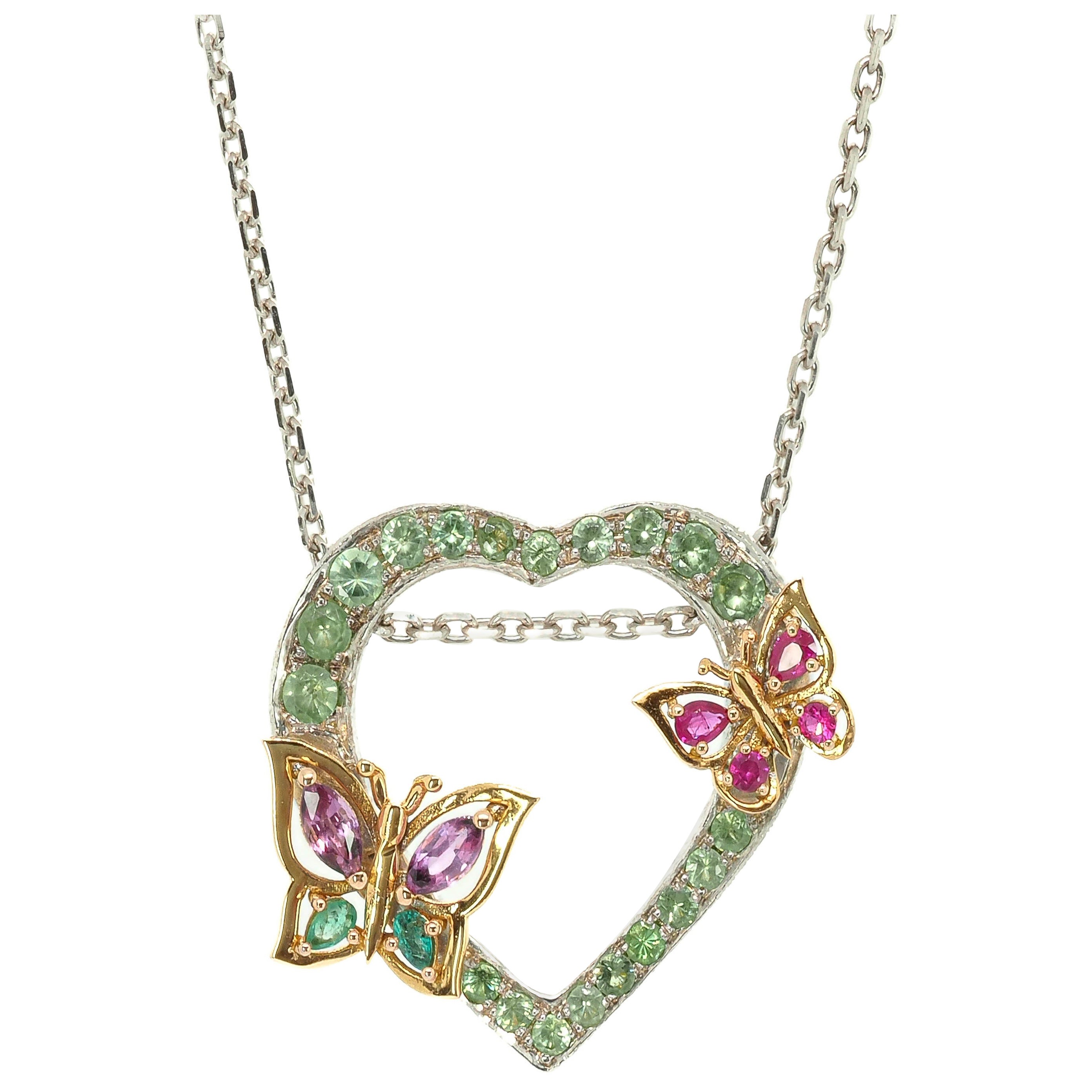 Taru Jewelry Heart and Butterflies Emerald Ruby Garnet Rose Gold Silver Necklace For Sale