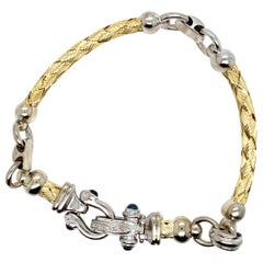 Vintage 14K 2-Tone Woven Gold Bar Link Bracelet and Diamond Horseshoe Clasp