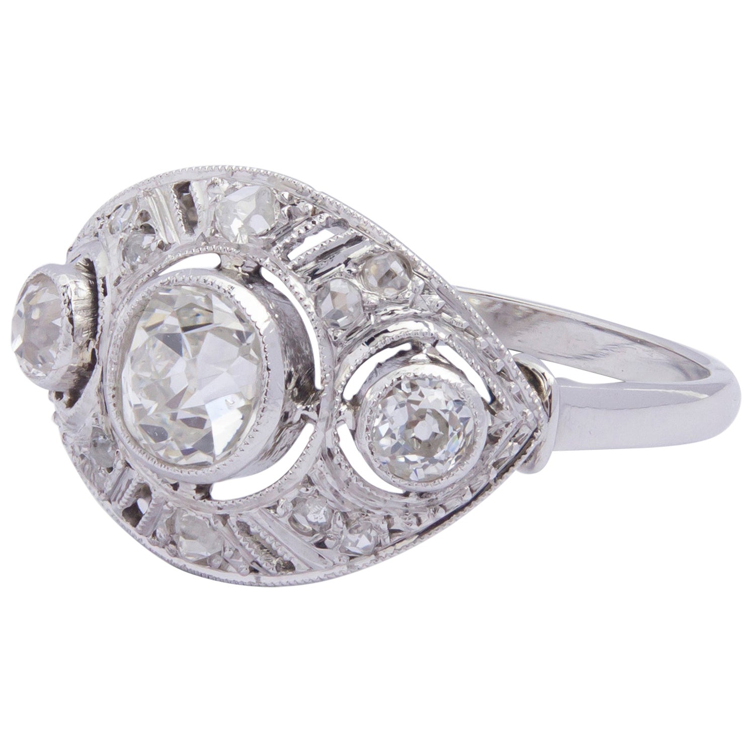 French Art Deco Platinum Ring with Old Cut Diamonds