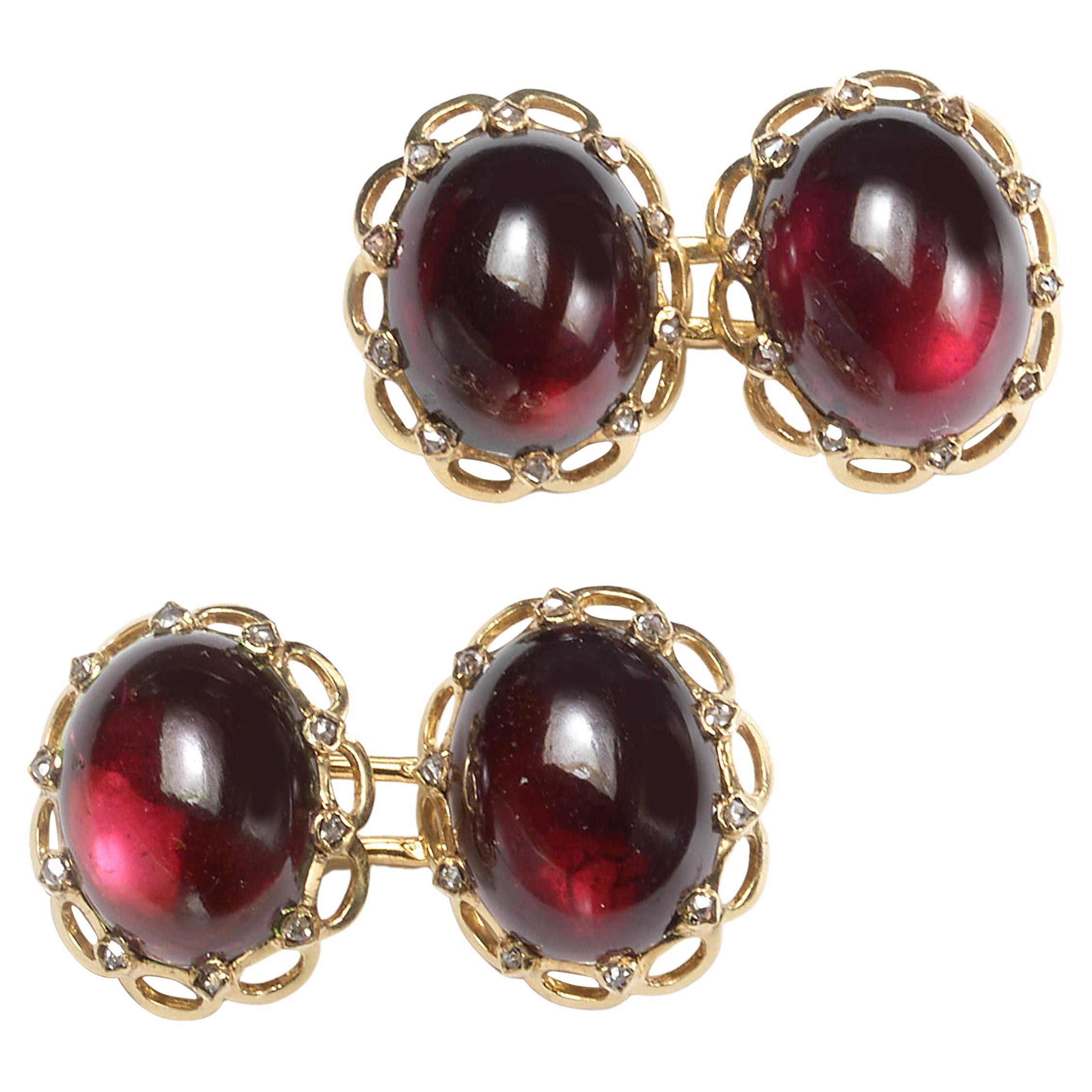 French Antique Garnet Diamond and Gold Cufflinks, Circa 1900 For Sale