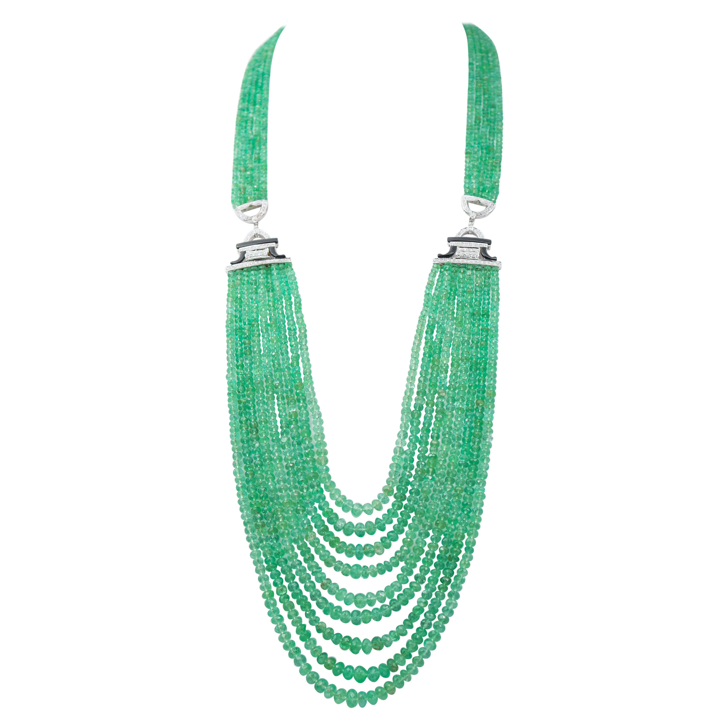 Emeralds, Onyx, Diamonds, 14 Karat White Gold Necklace For Sale