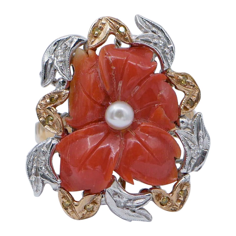 Coral, Fancy and White Diamonds, Pearls, 14 Karat White and Rose Gold Ring For Sale