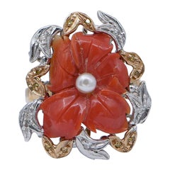 Vintage Coral, Fancy and White Diamonds, Pearls, 14 Karat White and Rose Gold Ring