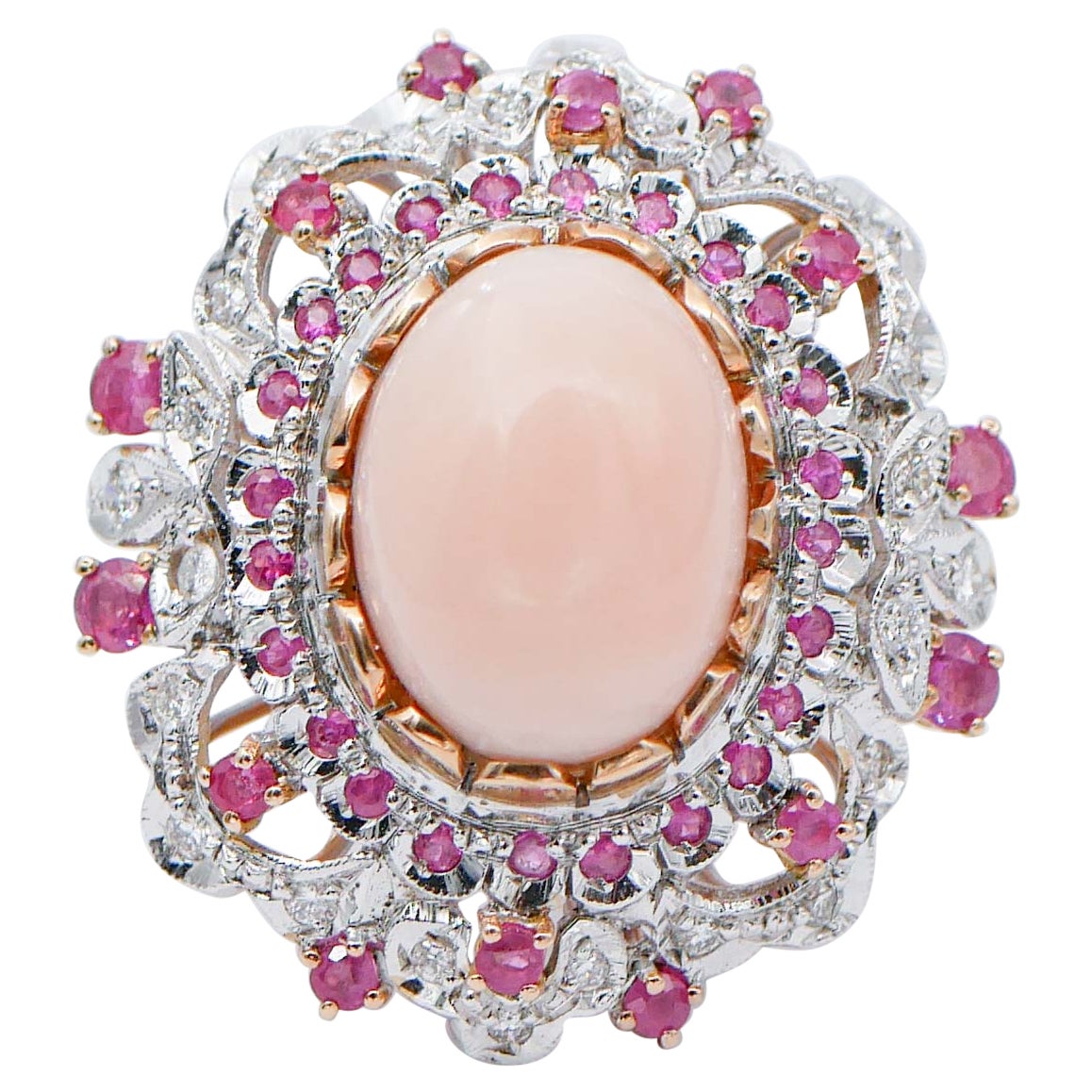 Coral, Rubies, Diamonds, 14 Karat Rose Gold Ring For Sale