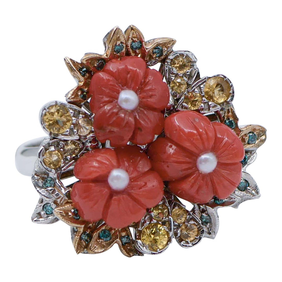 Coral, Fancy Diamonds, Sapphires, Pearls, 14 Karat White and Rose Gold Ring For Sale