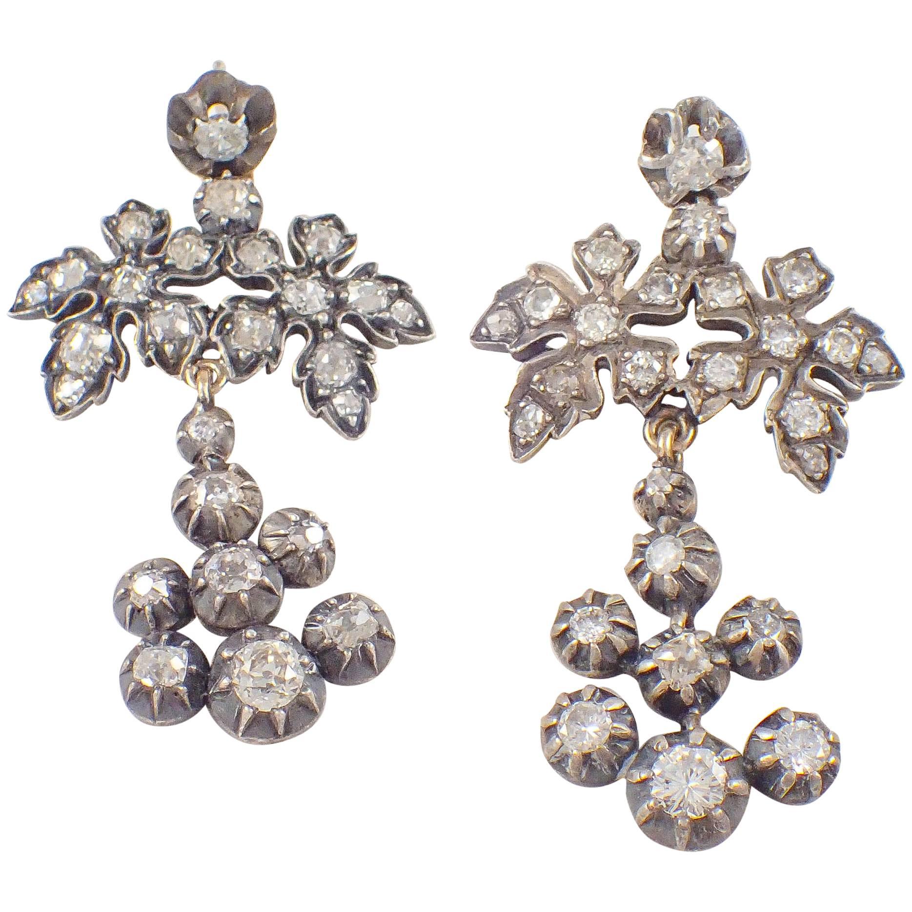 Georgian Diamond Silver over Gold Chandelier Earrings  For Sale