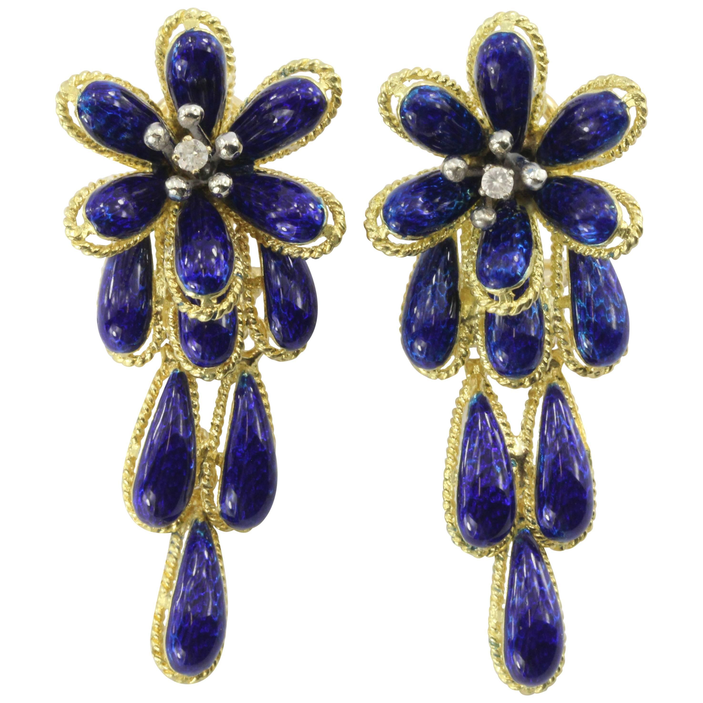 Mid Century Italian Blue Enamel Diamond Gold Drop Flower Earrings