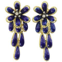 Mid Century Italian Blue Enamel Diamond Gold Drop Flower Earrings 5