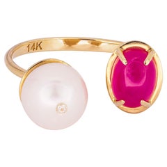 Oval Cabochon Ruby Ring in 14 Karat Gold, Ruby and Pearl Ring