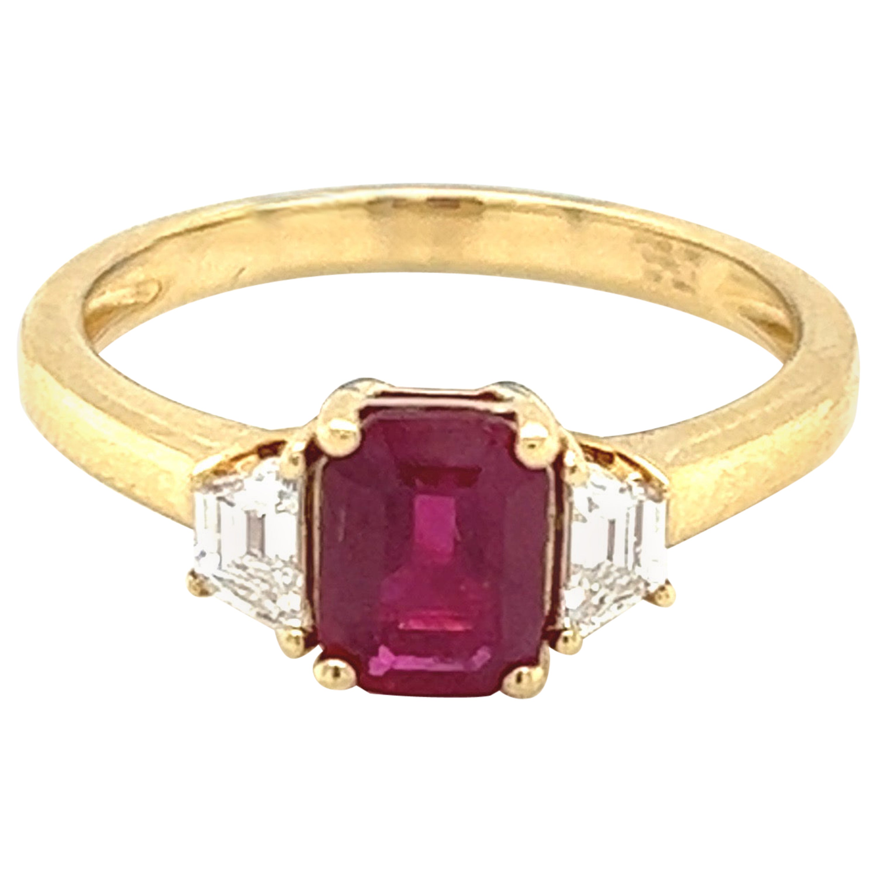 1.38 Carat Ruby and Diamond Three Stone Ring For Sale