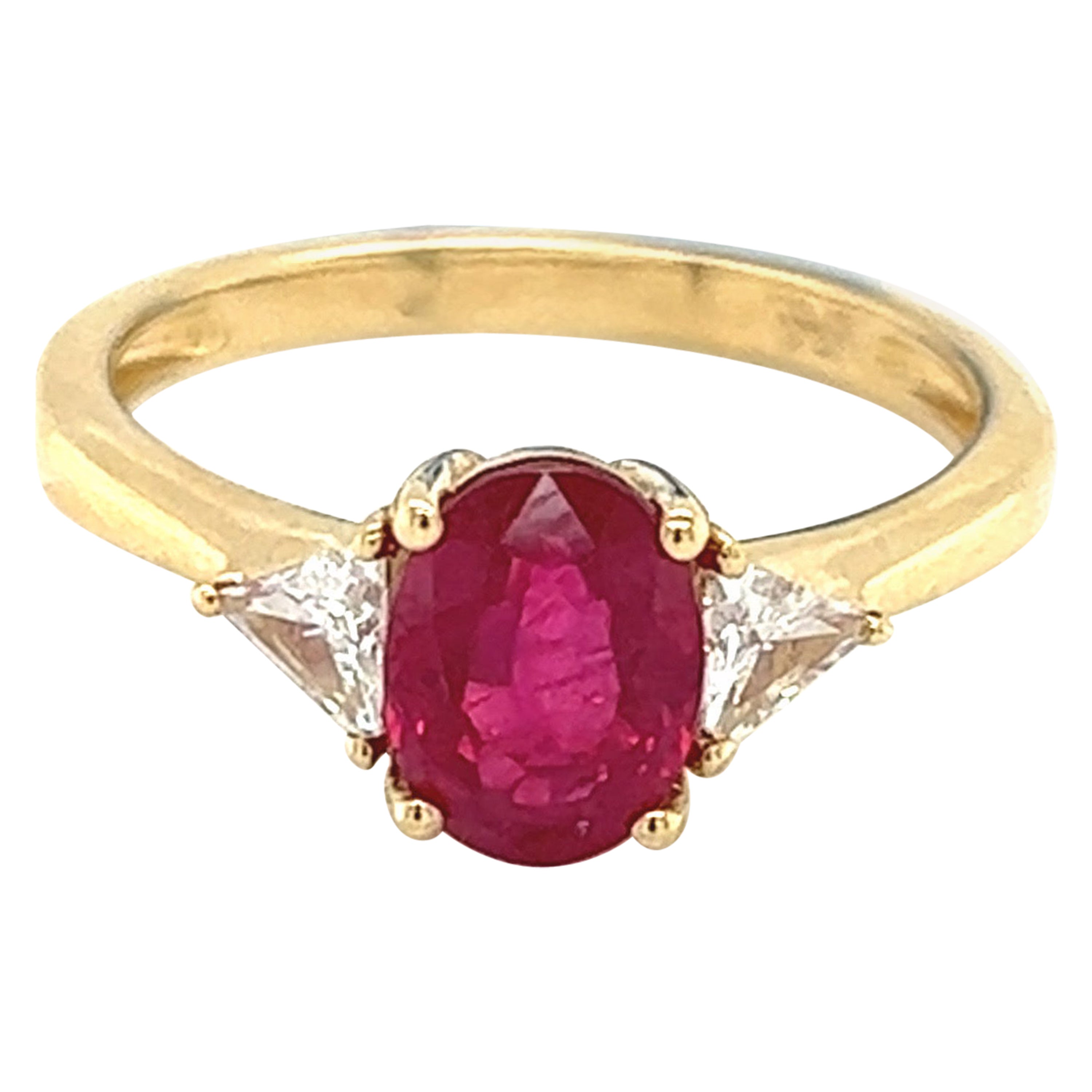 2.04 Carat Ruby and Diamond Trillion Three Stone Ring For Sale
