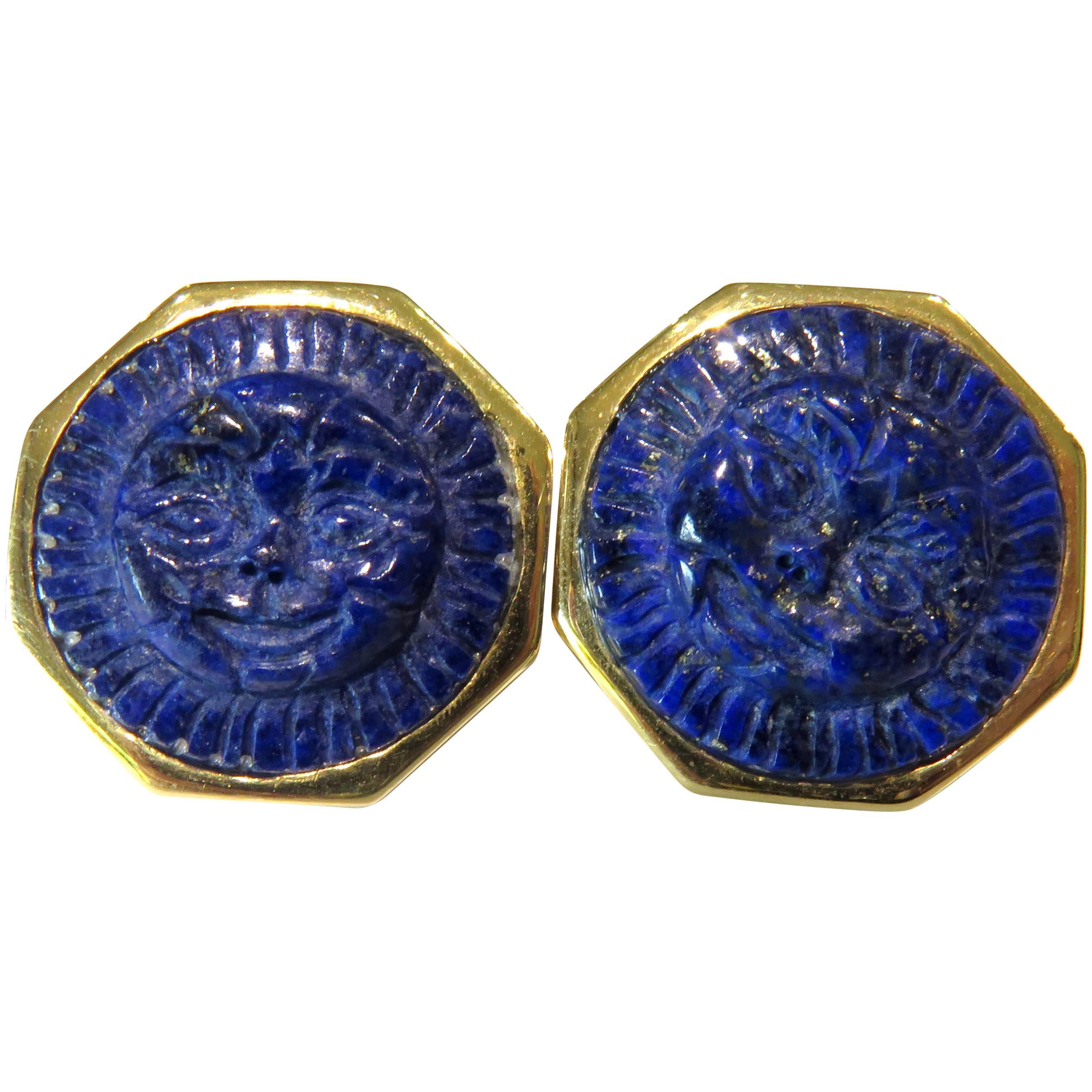 Lapis Lazuli Earrings Hand-Carved Sun Face Gold Octagonal Bezel