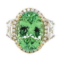 Antique 14.82 Carat Tsavorite and 1.26 Carat Diamond Trapezoid Three Stone Ring