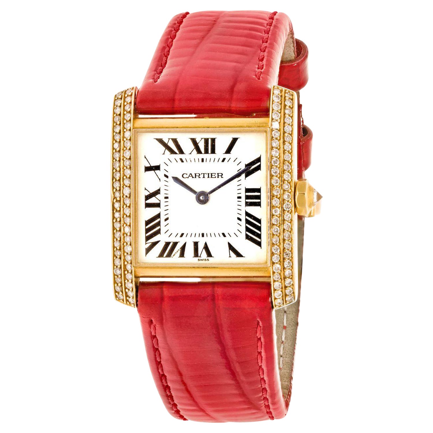 Cartier 18K Yellow Gold Tank Francaise 25, Ref 1821 Ladies Diamond Watch For Sale