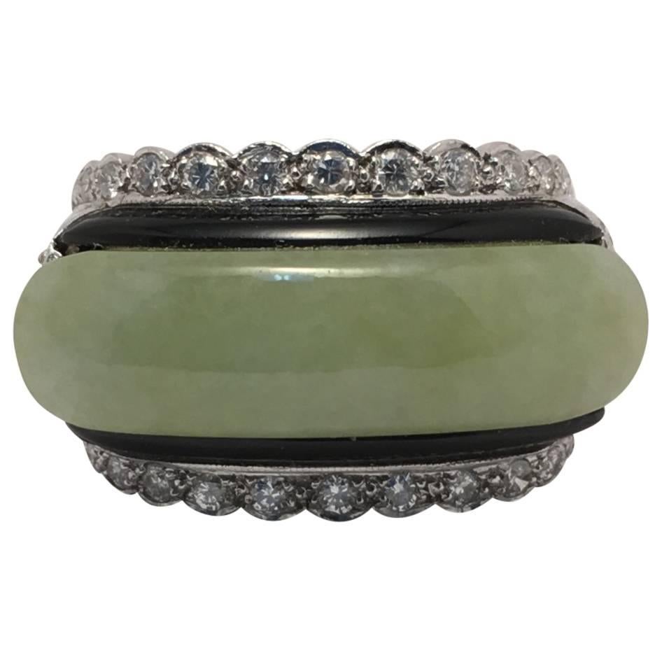 Very Distinctive Art Deco Onyx Diamond Jadeite Jade Platinum Saddle Ring For Sale