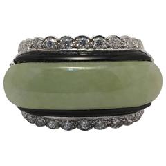 Very Distinctive Art Deco Onyx Diamond Jadeite Jade Platinum Saddle Ring