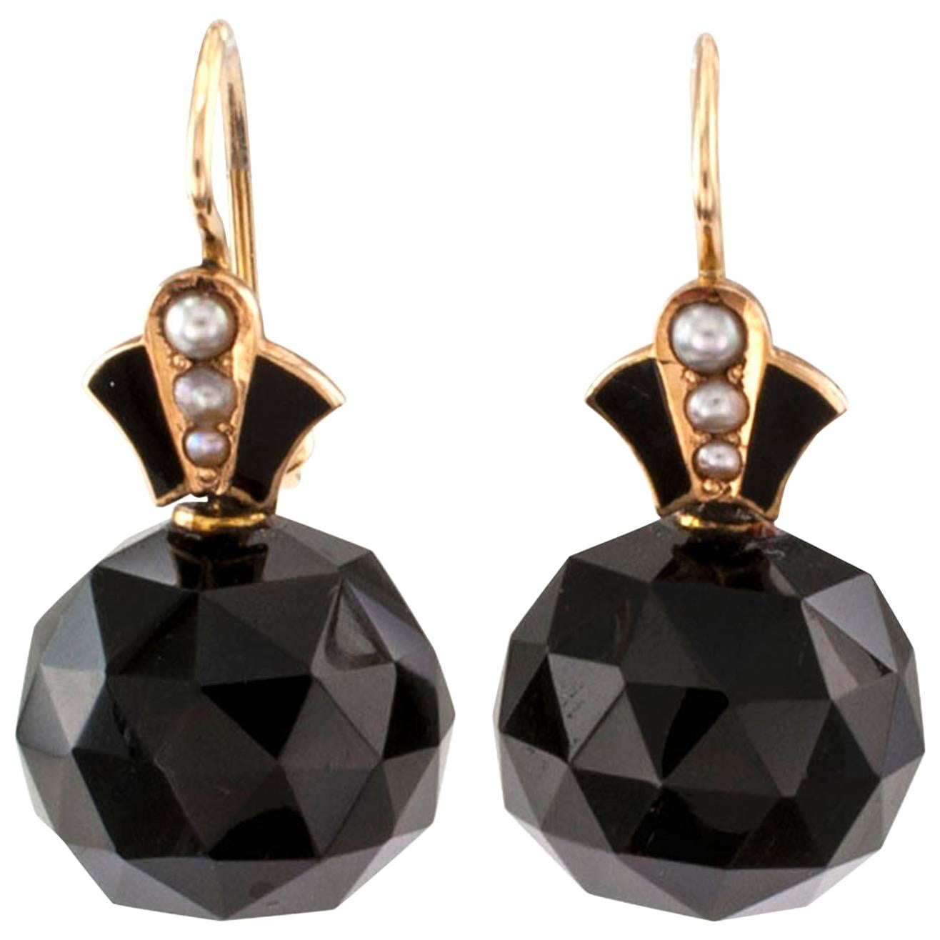 Victorian Onyx Pearl Gold Drop Earrings