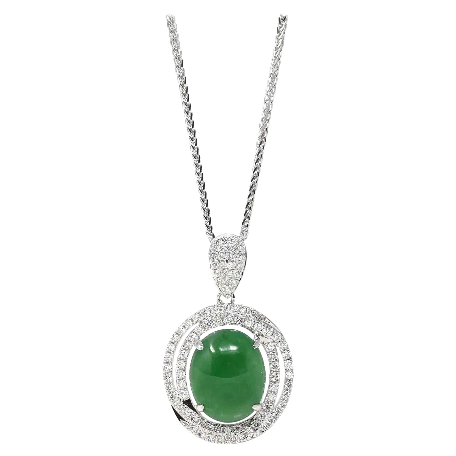 18K White Gold Oval Imperial Jadeite Jade Cabochon Necklace with Diamonds For Sale