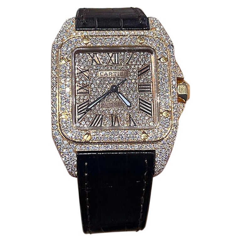 Cartier Santos 100 Roségold 33mm maßgefertigte Diamantuhr mit braunem Lederarmband #2879 im Angebot