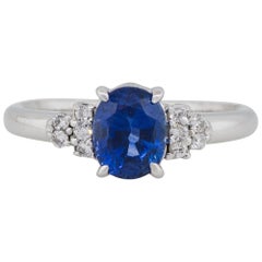 1.58 Carat Oval Shape Sapphire Diamond Cluster Cocktail Ring Platinum in Stock