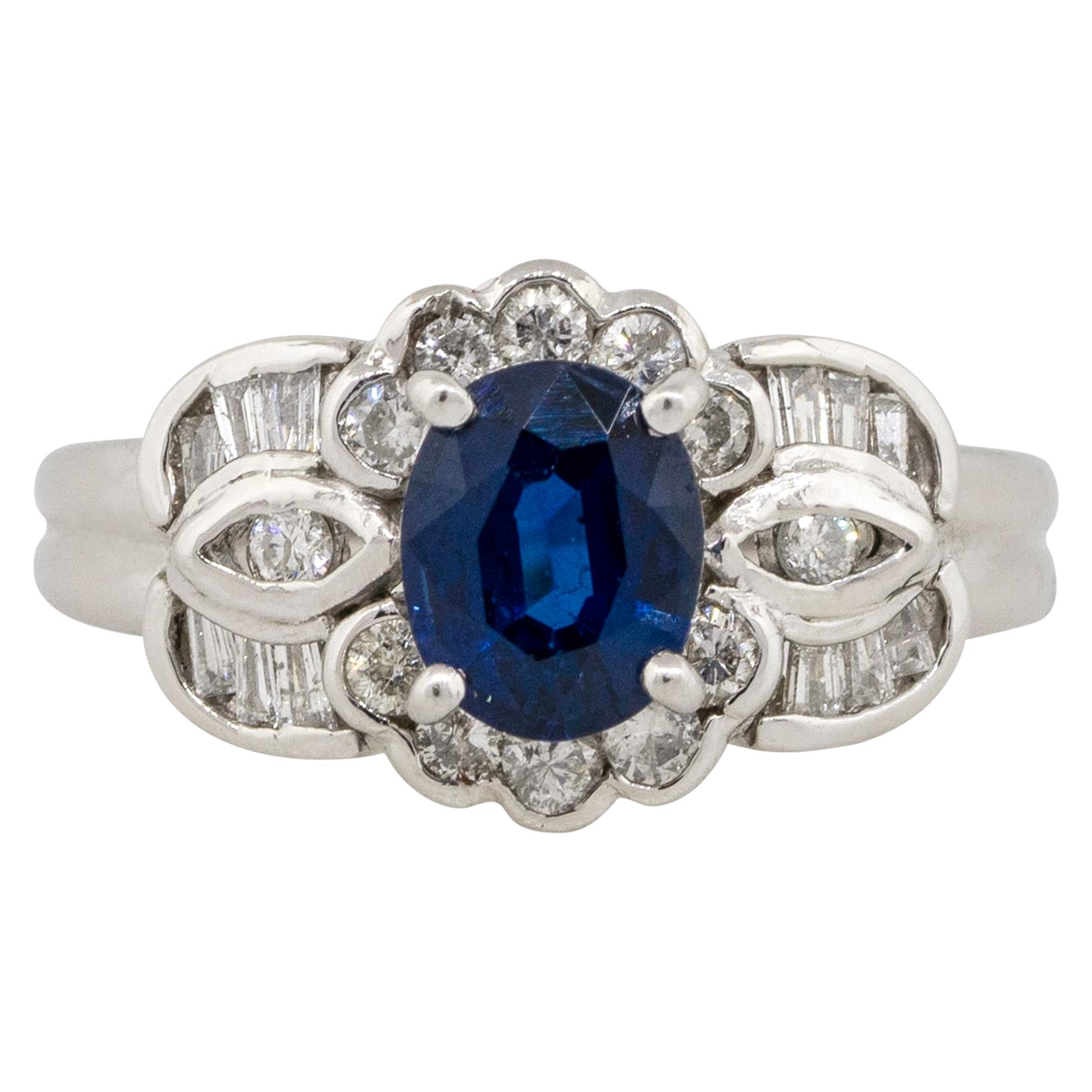 1.25 Carat Oval Sapphire Center Diamond Cocktail Ring Platinum in Stock For Sale