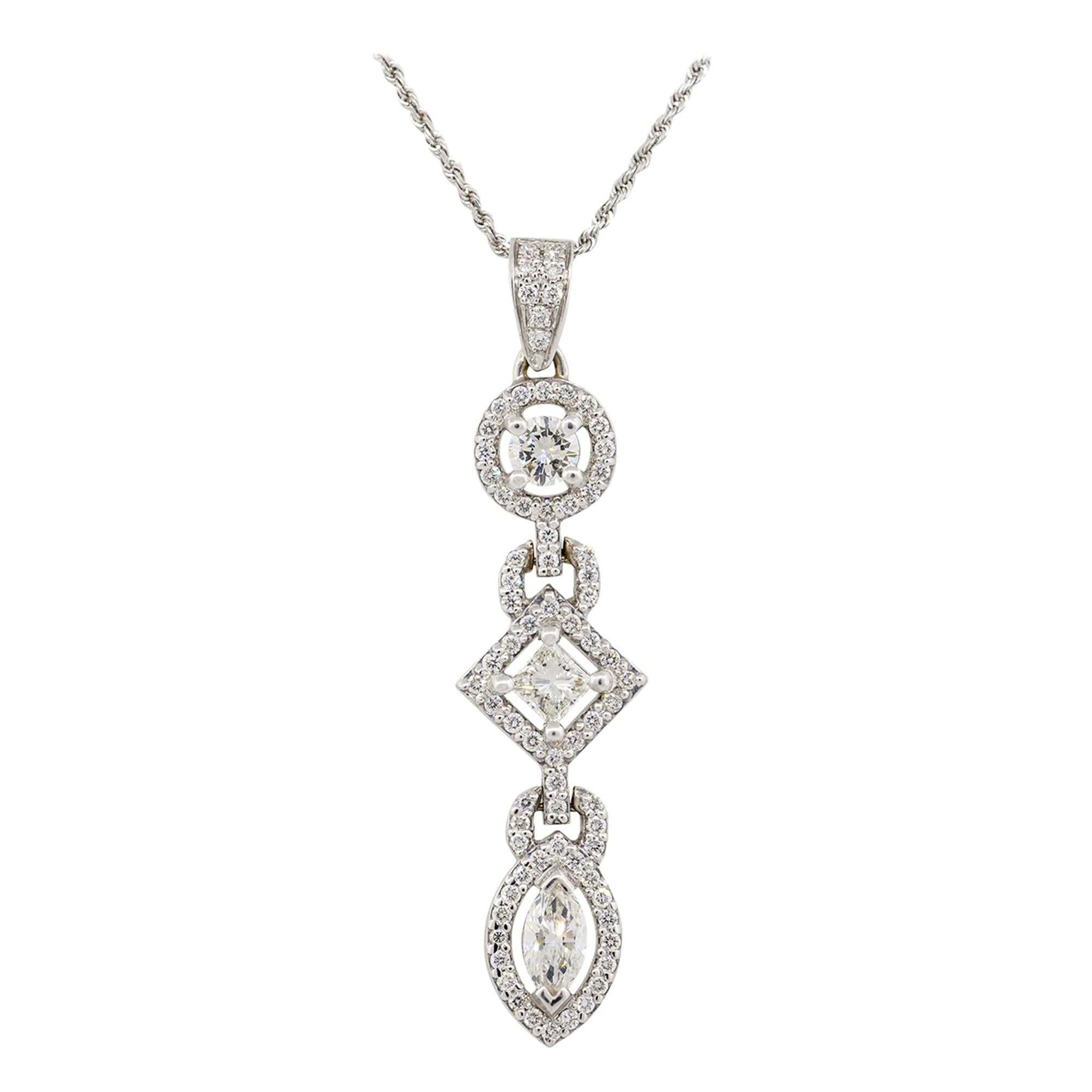 1.92 Carat Multi Shape Diamond Drop Pendant Necklace 14 Karat in Stock For Sale