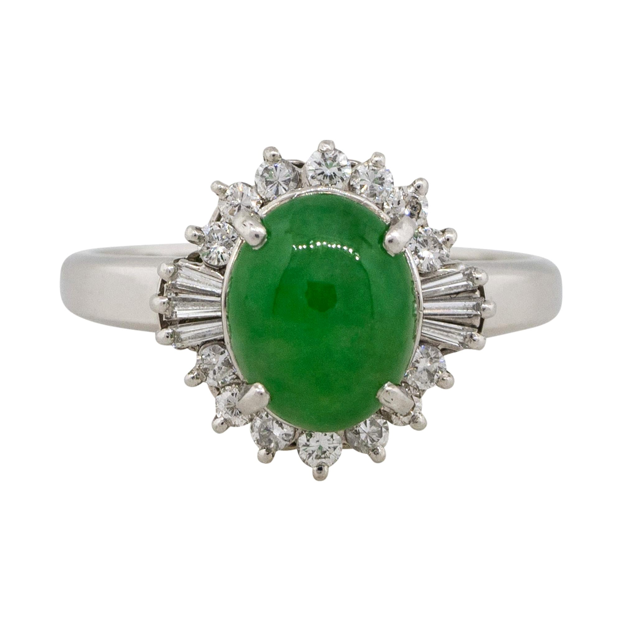0.46 Carat Adjacent Diamond Jade Cabochon Center Cocktail Ring Platinum For Sale