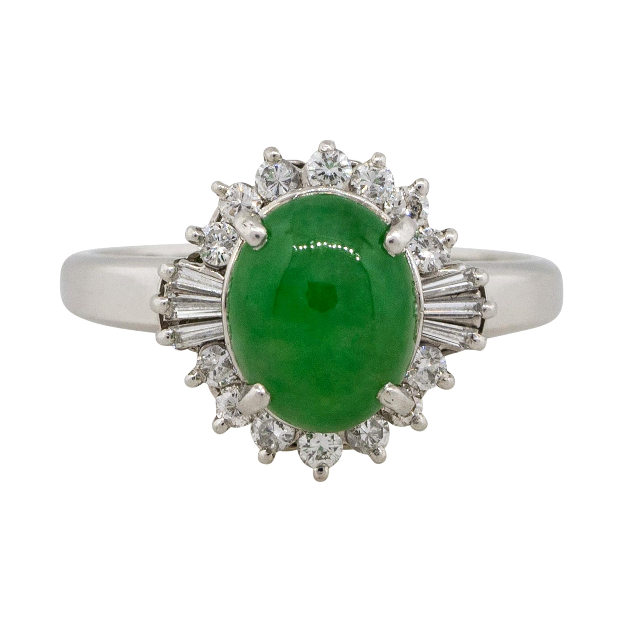 0.46 Carat Adjacent Diamond Jade Cabochon Center Cocktail Ring Platinum in Stock