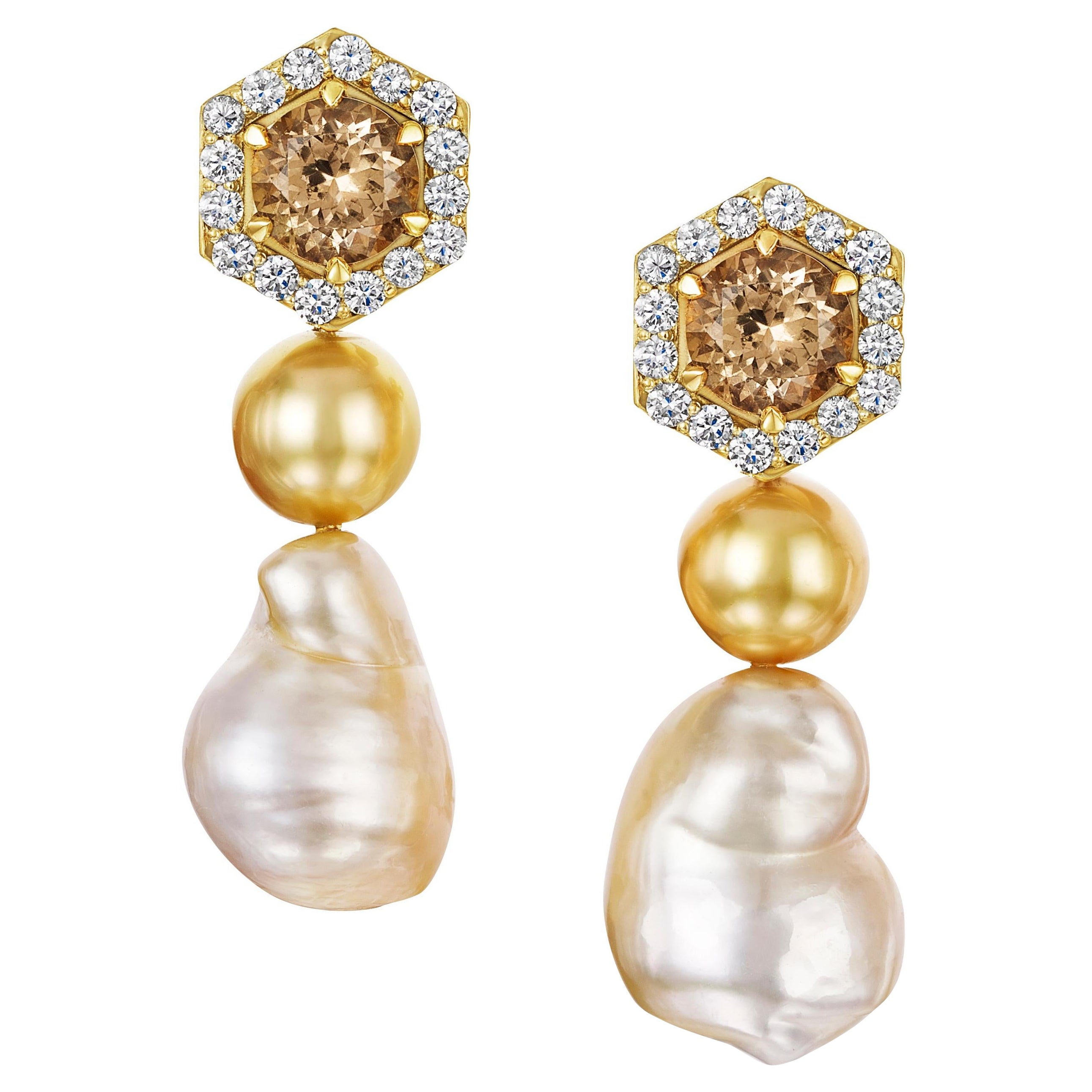 Aventina-Spencer, Imperial Topaz, Diamond, Golden South Sea Pearl Earrings For Sale