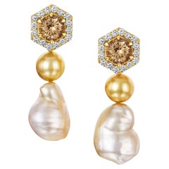 Aventina-Spencer, Imperial Topaz, Diamond, Golden South Sea Pearl Earrings