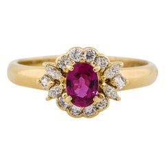 0.45 Carat Oval Ruby Center Diamond Scalloped Ring 18 Karat in Stock