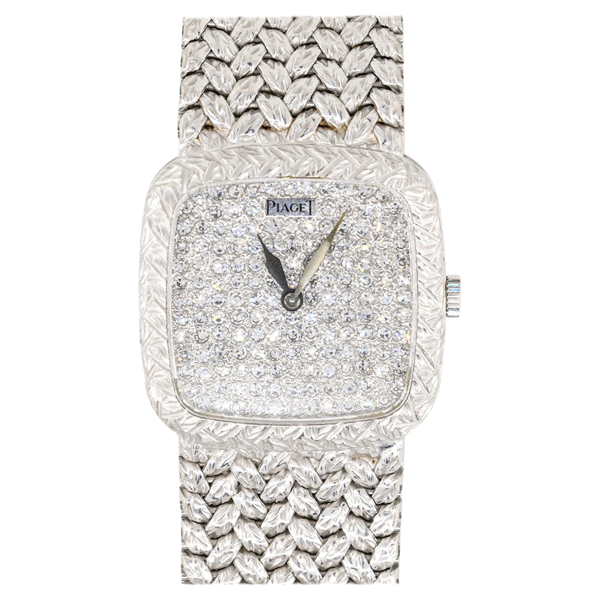 Piaget 9902D2 18k White Gold Diamond Pave Dial Vintage Watch For Sale