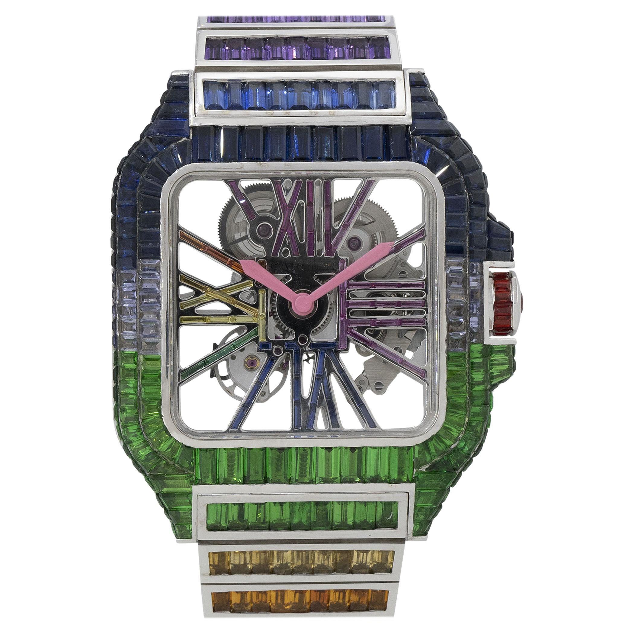 Cartier Santos Skeleton Multi Color Sapphire Watch 18 Karat in Stock