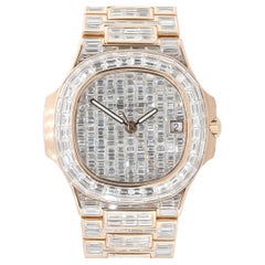 Patek Philippe Nautilus 18k Rose Gold All Baguette Diamond Watch In Stock