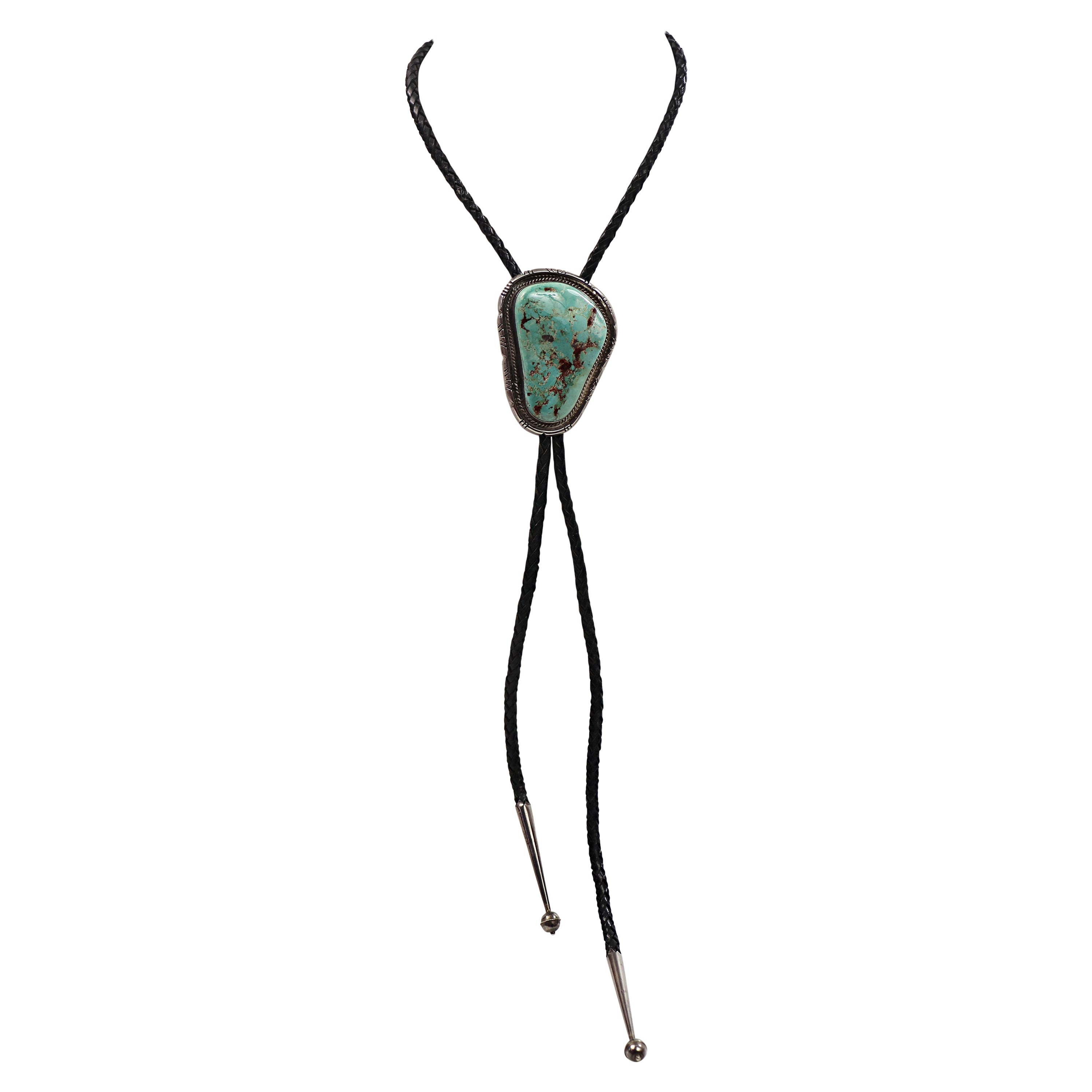 Fred Guerro Turquoise, Silver Leather Bolo Tie For Sale