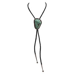 Vintage Fred Guerro Turquoise, Silver Leather Bolo Tie