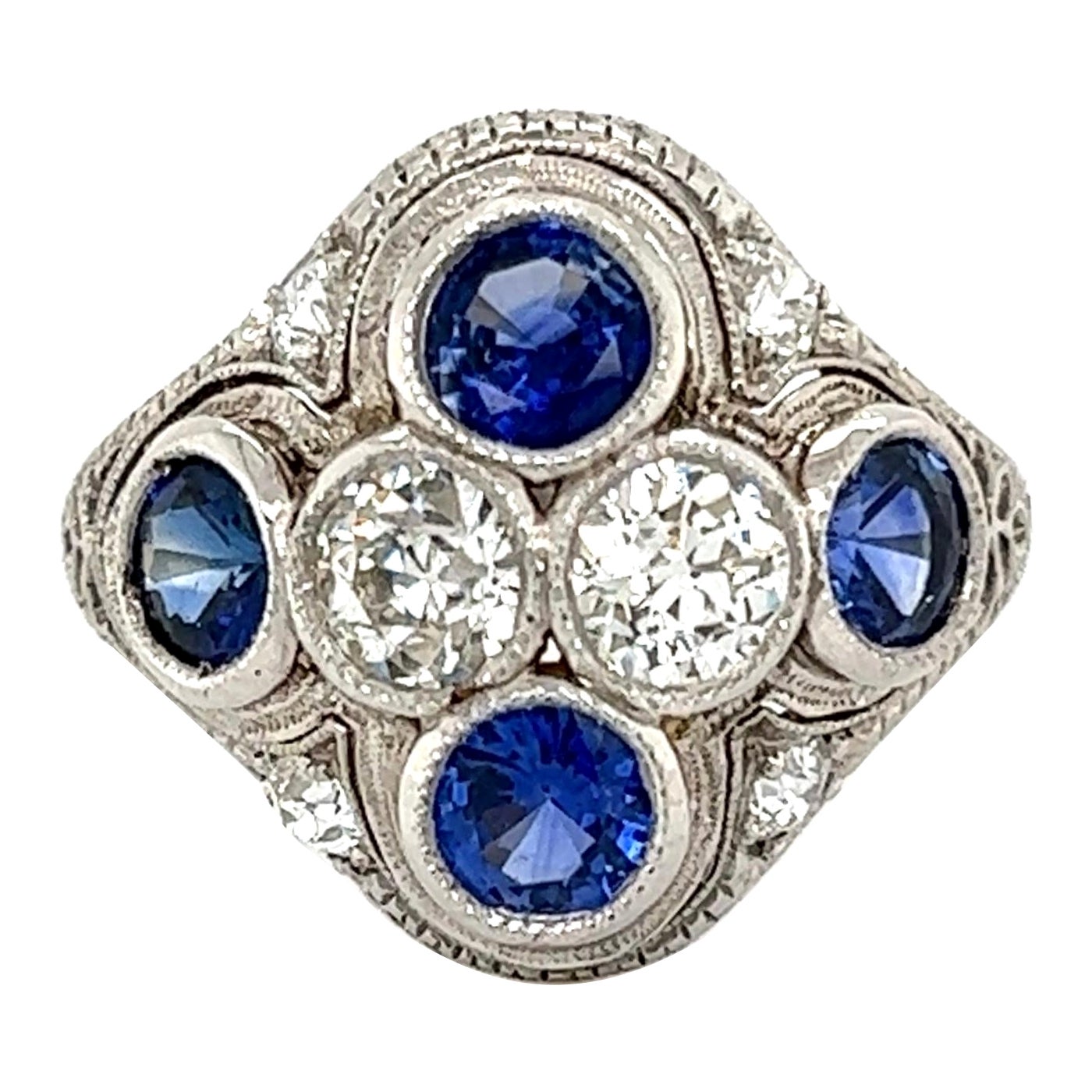 Sapphires and GIA Diamonds Art Deco Platinum Cocktail Ring Estate Fine Jewelry
