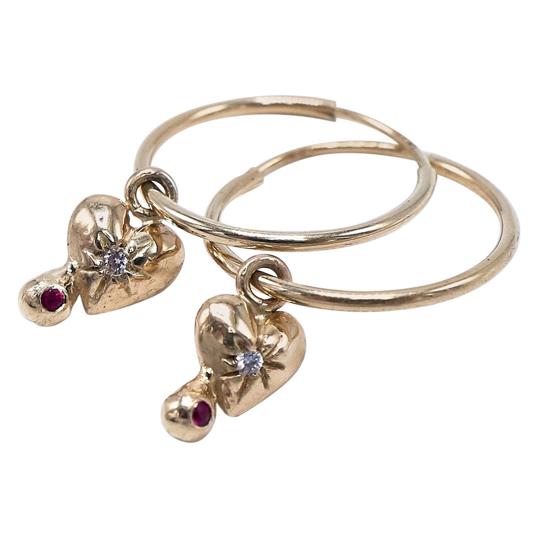 Heart Gold Earring White Diamond Ruby Mini Hoops J Dauphin Symbol of Love For Sale