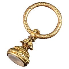 Antique Georgian 9k Gold Seal Fob Pendant, Split Ring, Chalcedony