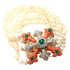 Tiffany & Co. Donald Claflin Pearl Coral Emerald Diamond Gold Bracelet