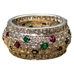 Vintage 18K Pave Diamond Ruby Emerald Sapphire Domed Wide Band Ring
