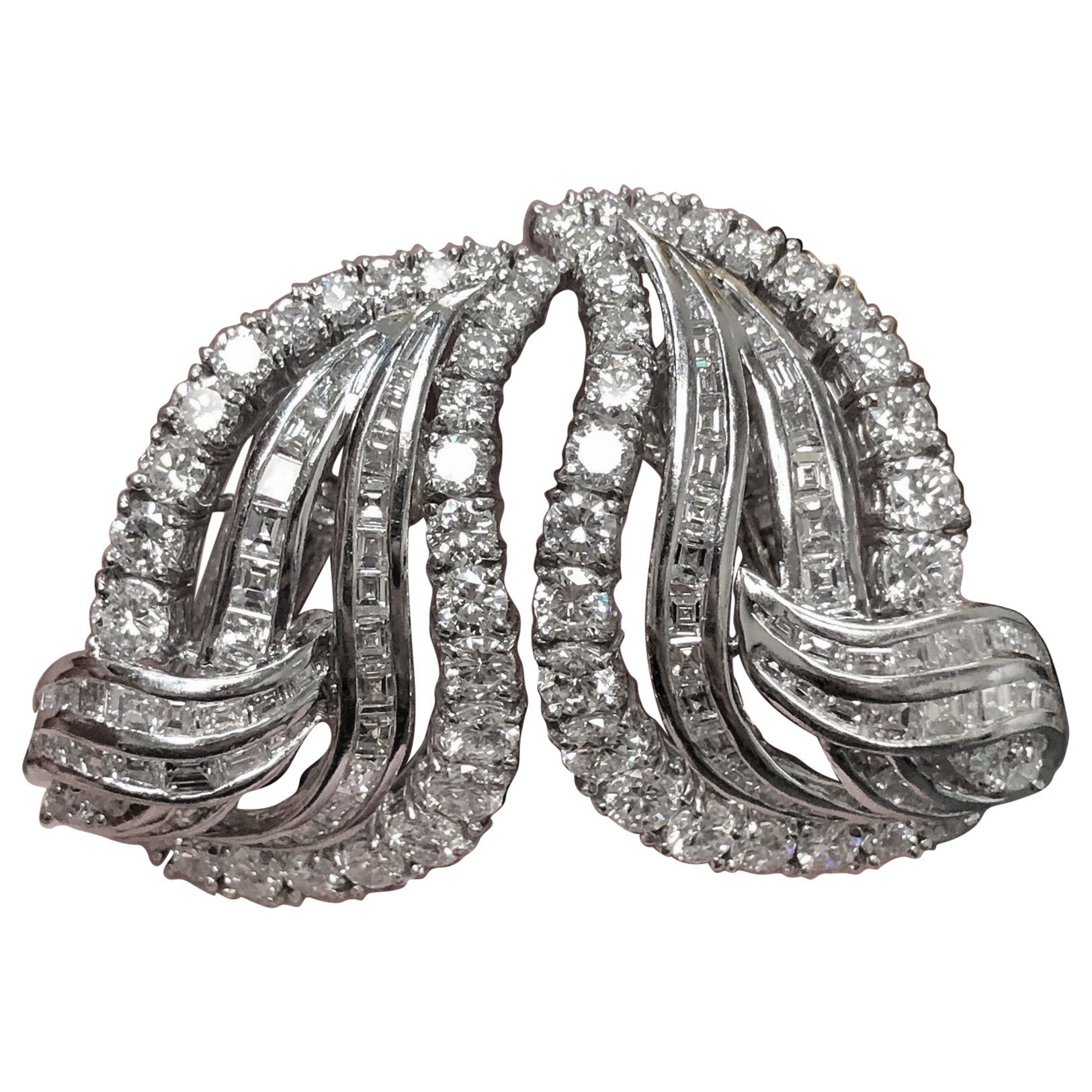 Estate 18k White Paisley Leaf Baguette Round Diamond Omega Earrings 9ctw G Vs