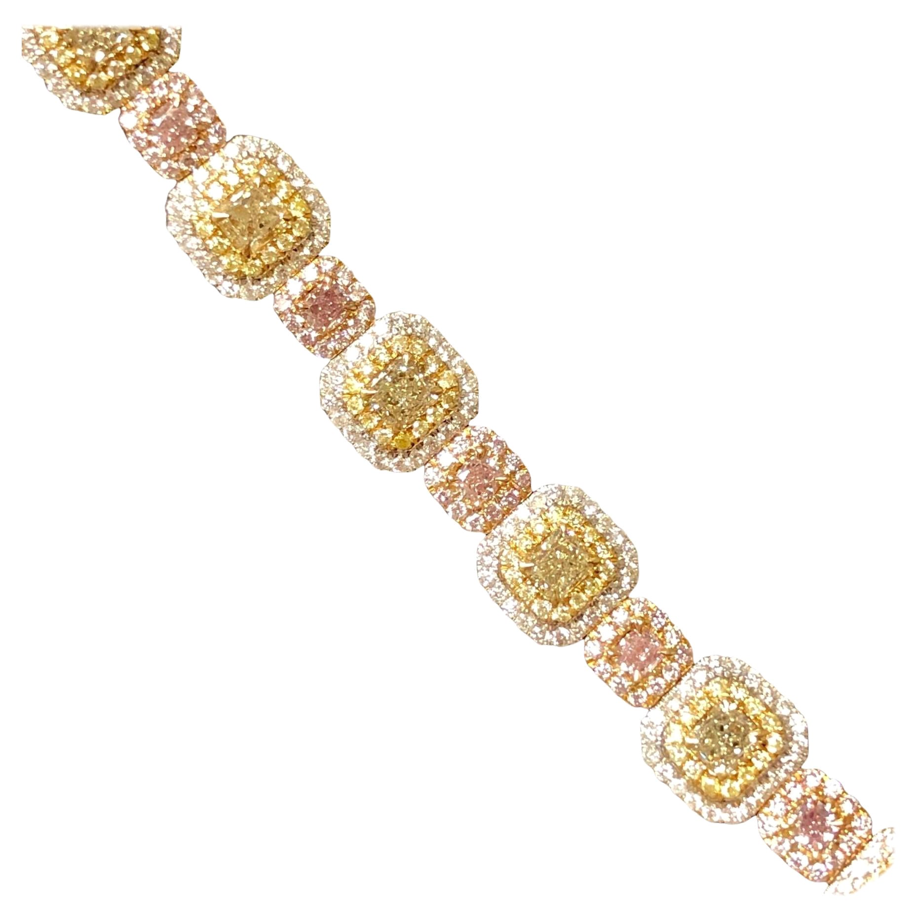 18K GIA Natural Yellow White Pink Fancy Cushion Diamond Bracelet