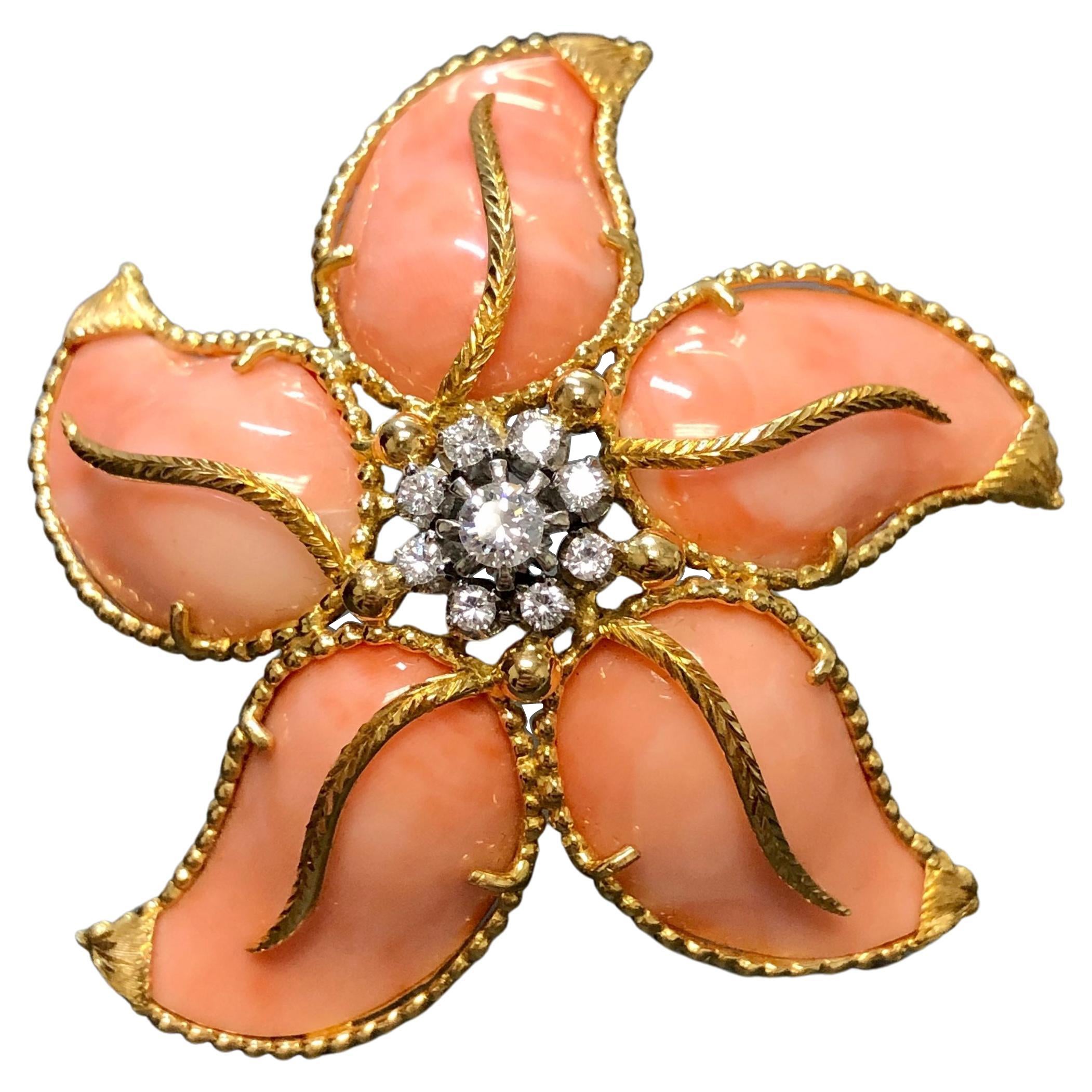 Spitzer & Furman 18k Coral Diamond Starfish Brooch For Sale