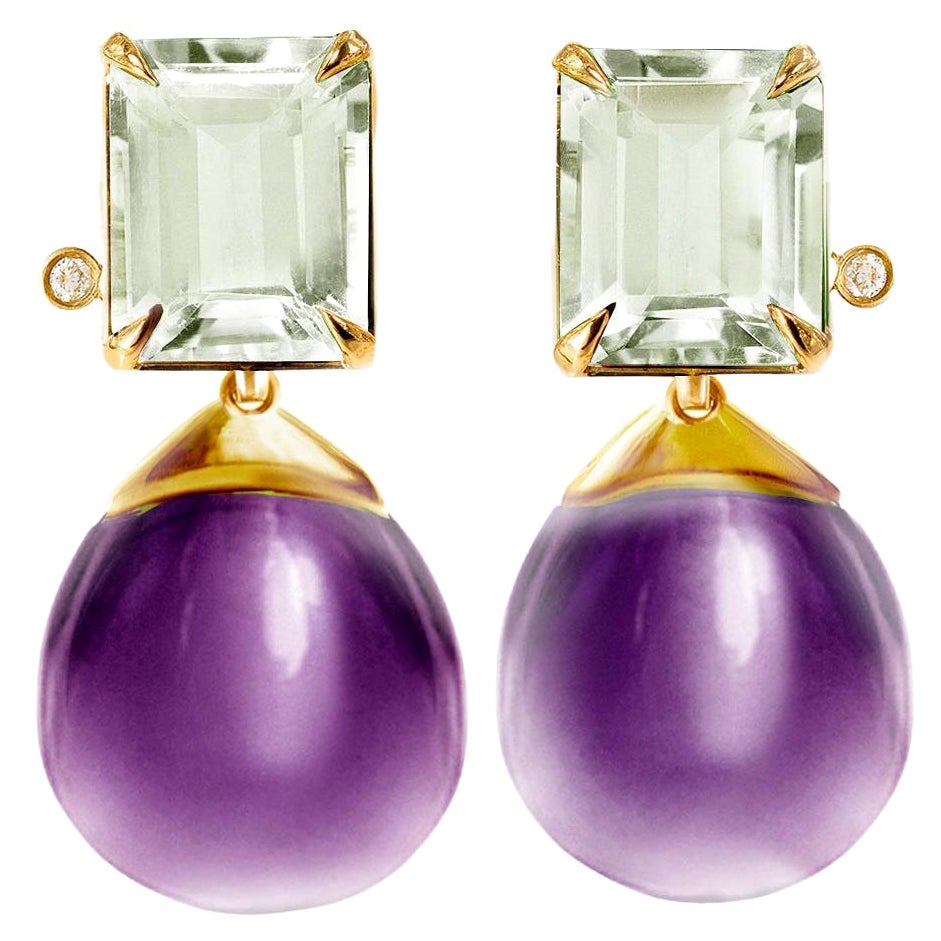Yellow Gold Transformer Stud Earrings with Mint Quartz and Amethysts For Sale
